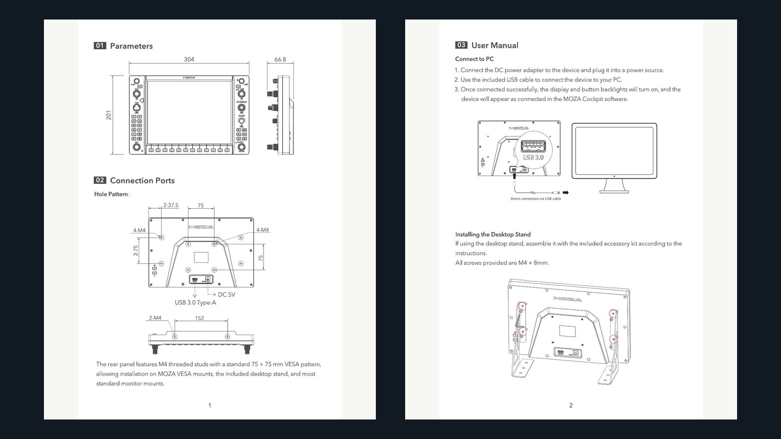 Official MOZA MGX1000 manual pages showing panel dimensions, rear ports, stand, VESA mount, power, and cable installation