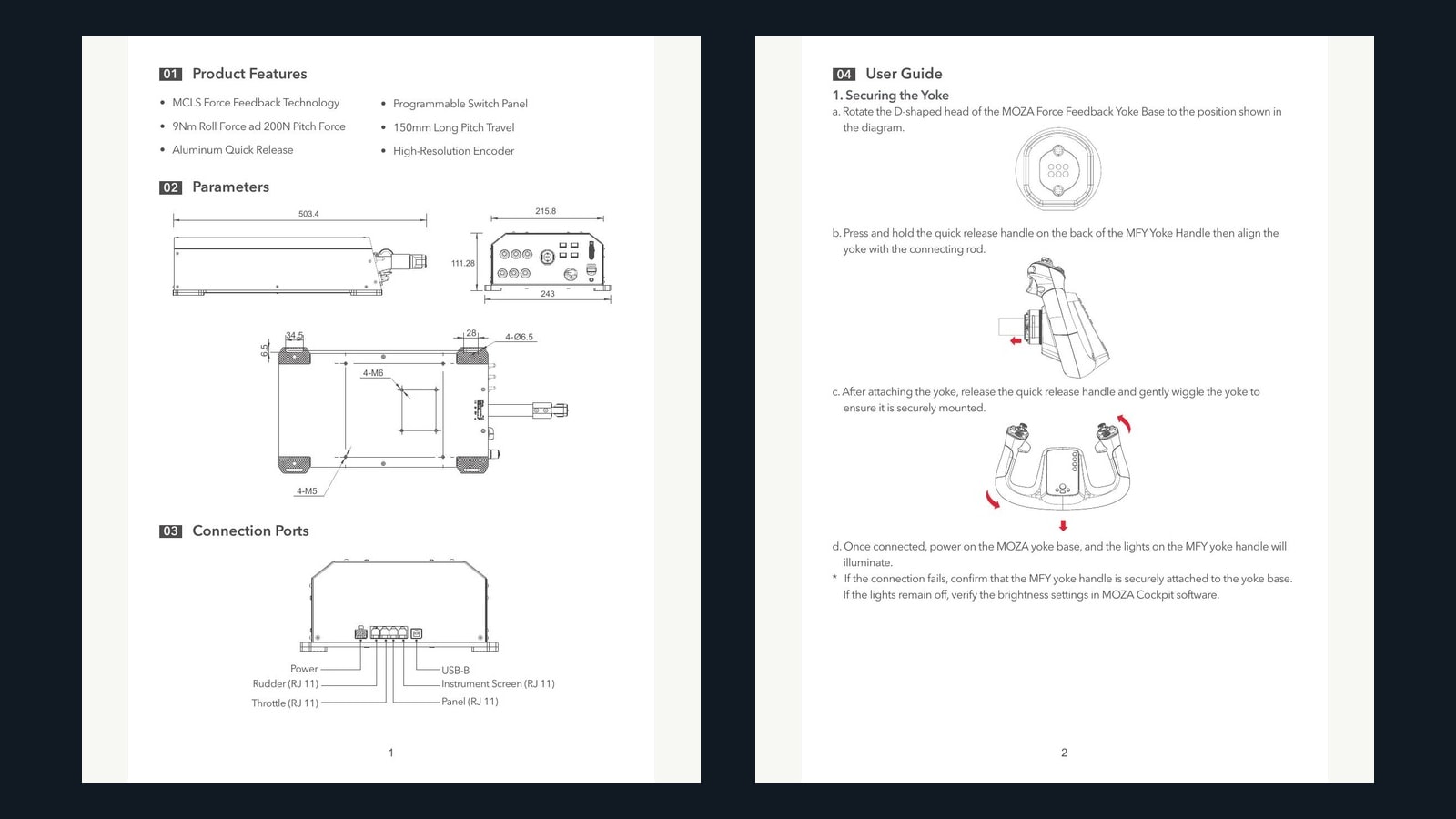 Official MOZA AY210 manual pages showing dimensions, ports, base mounting, yoke attachment, and cable access