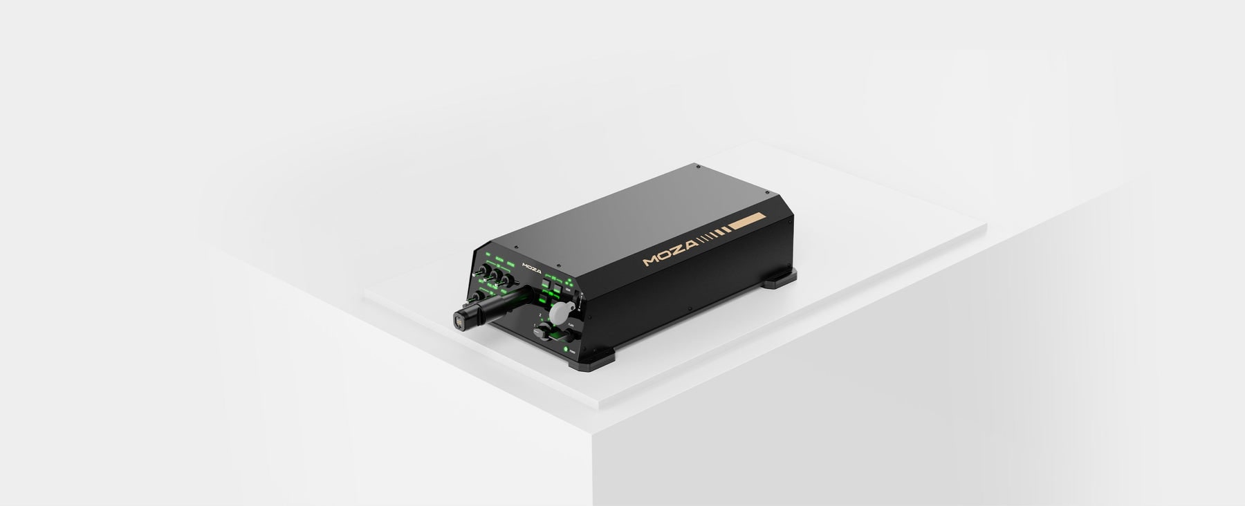 Official MOZA AY210 force-feedback yoke base installed on a simulator desk