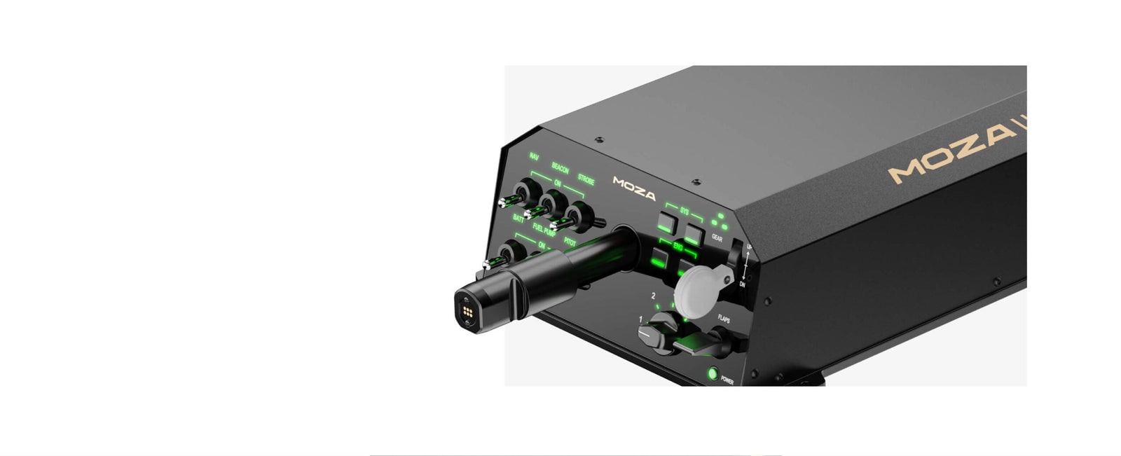 Official installed MOZA AY210 yoke base showing pitch shaft and controls