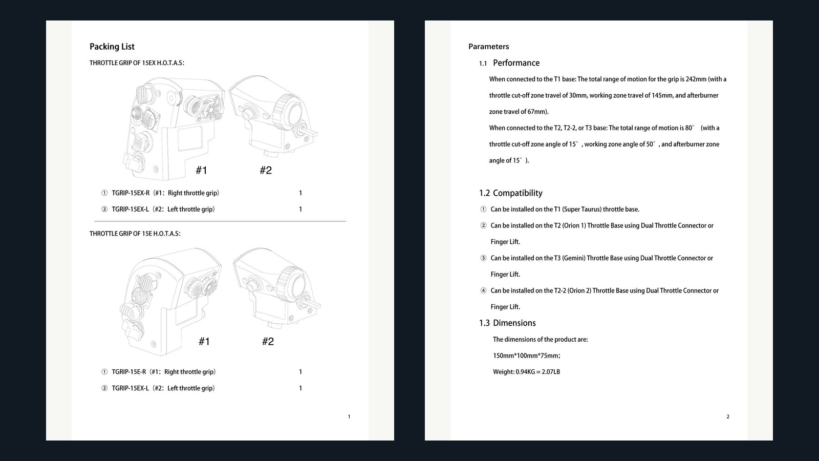 Official WINCTRL Orion2 F-15EX manual pages showing package contents, physical parameters, connectors, and controls