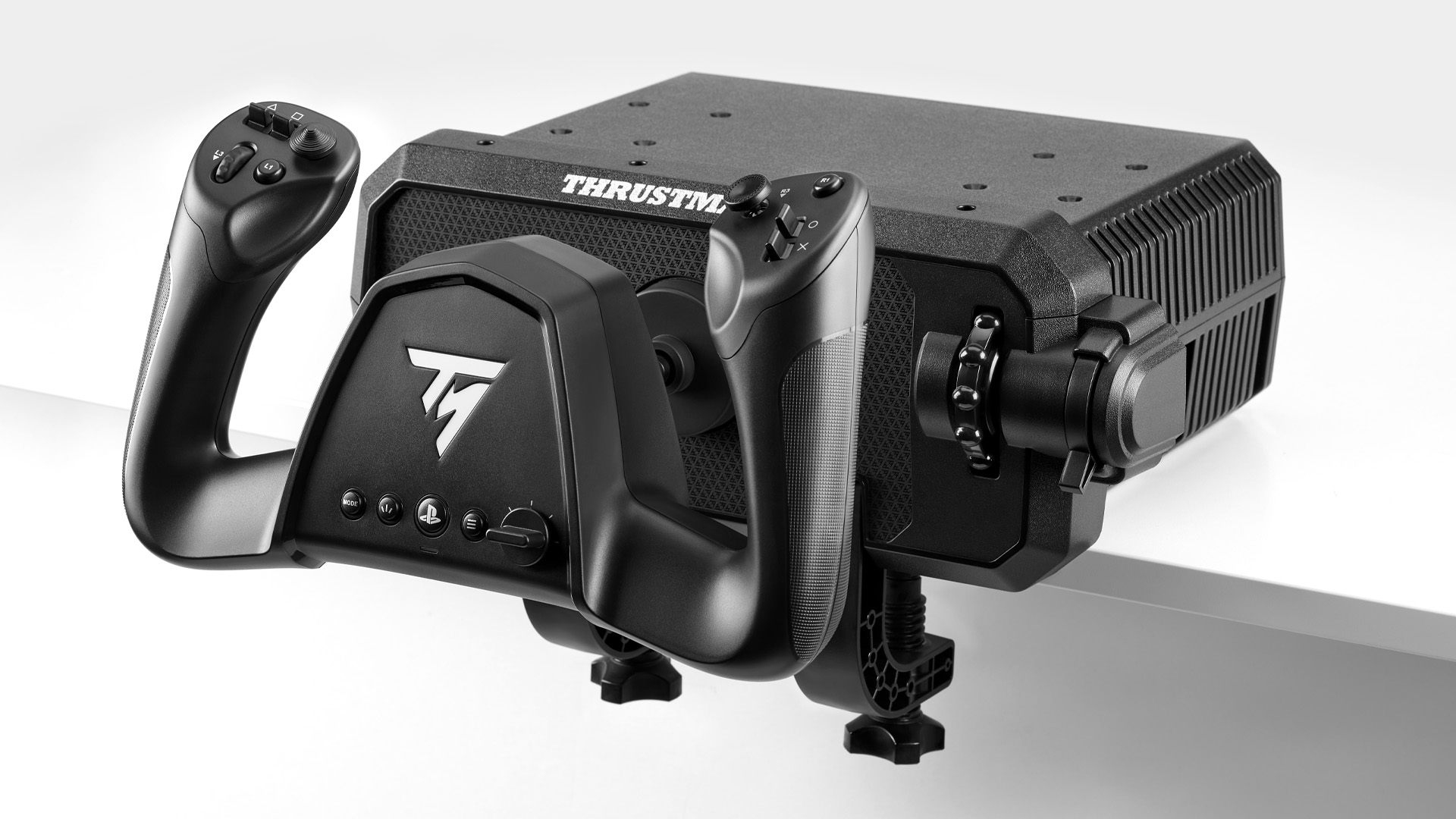 Official Thrustmaster TCA Sky Yoke product photograph showing the integrated yoke controls and desk clamp