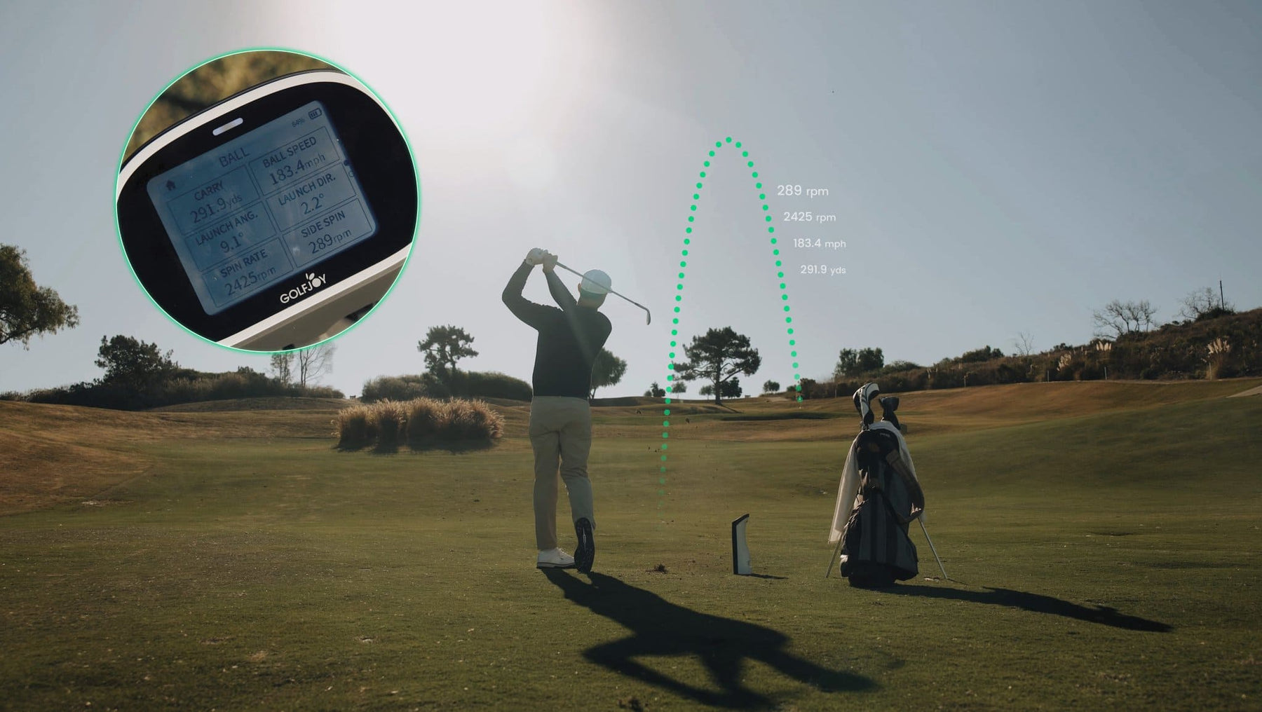 Golfer using a GOLFJOY Spica 3 beside the ball on an outdoor range