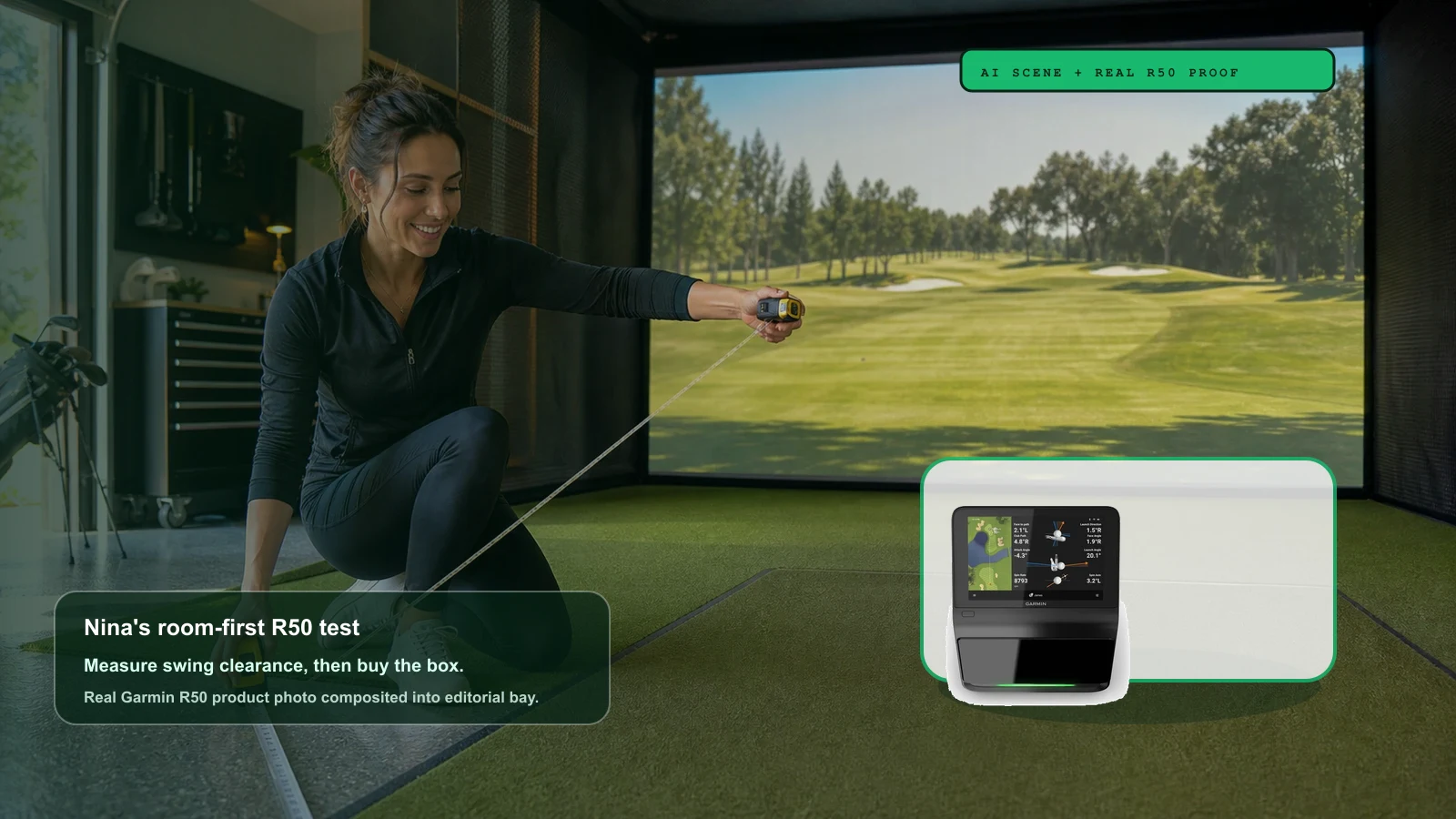 AI editorial scene plus real Garmin R50 product composite for Nina Brooks room build test