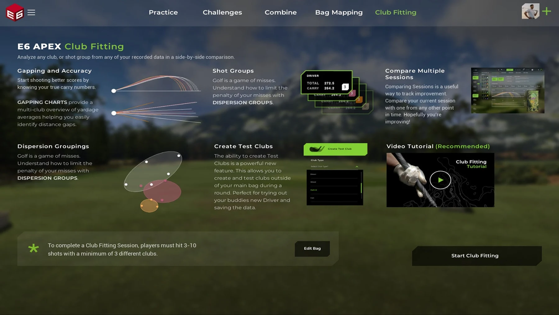 Official E6 club fitting screen comparing golf shot data