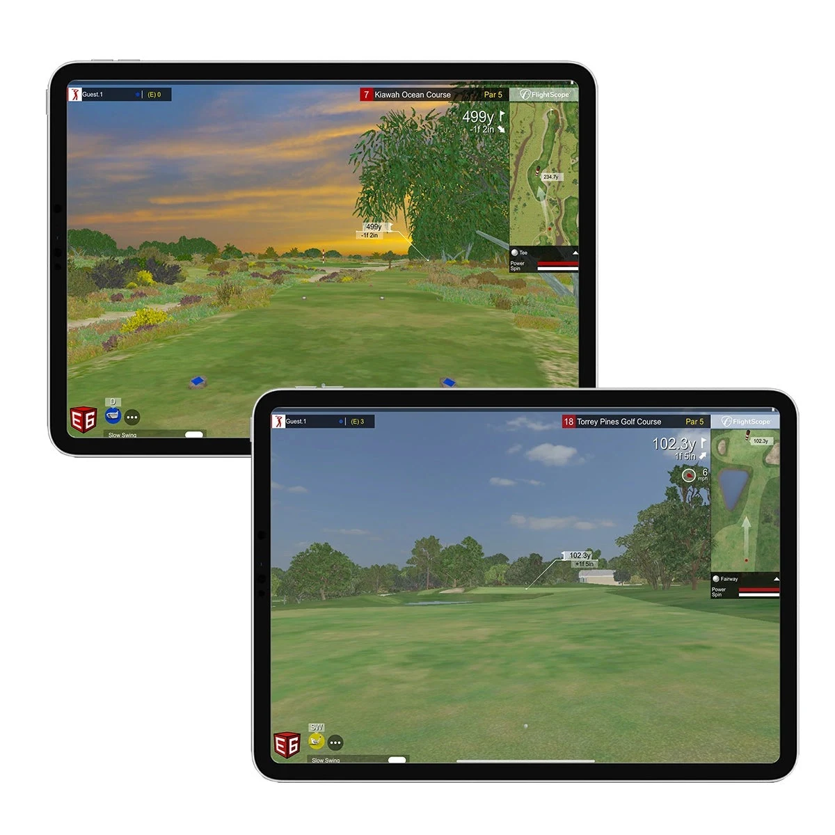 Official FlightScope image showing included E6 Connect golf courses on tablet screens