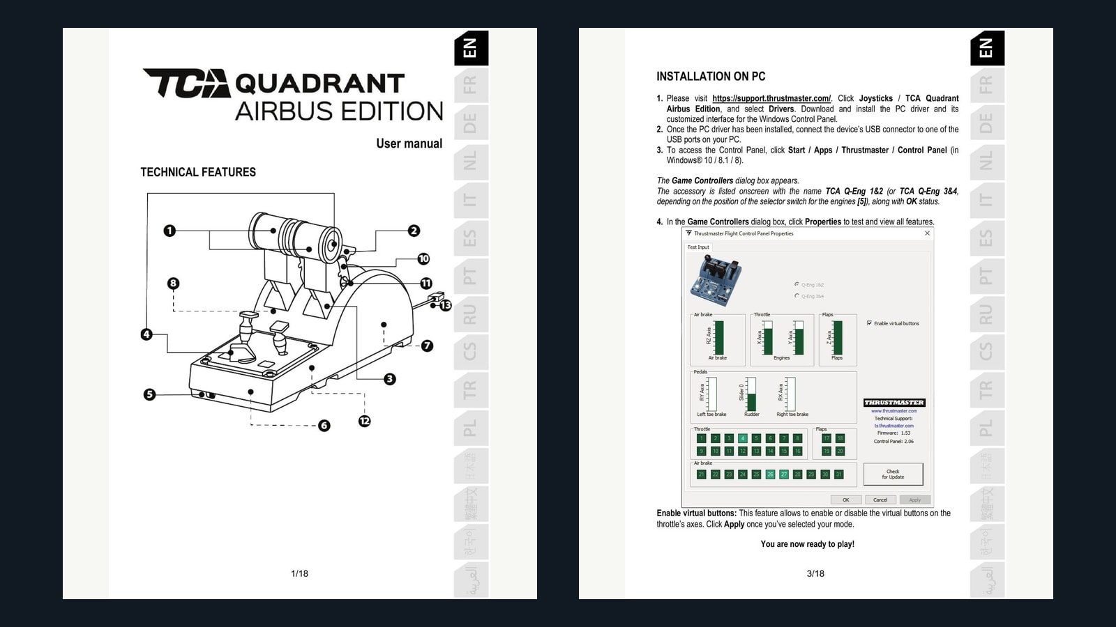 Official Thrustmaster TCA Quadrant manual pages showing controls, connectors, engine selector, USB installation, and driver setup