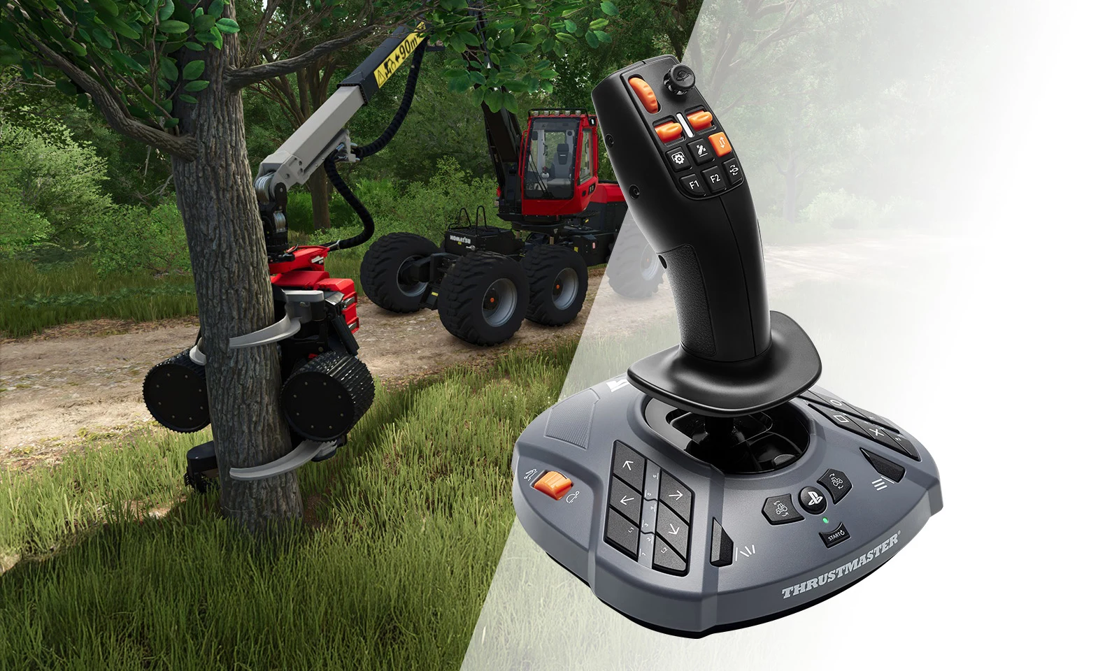 Official Thrustmaster SimTask FarmStick product image beside forestry machinery gameplay