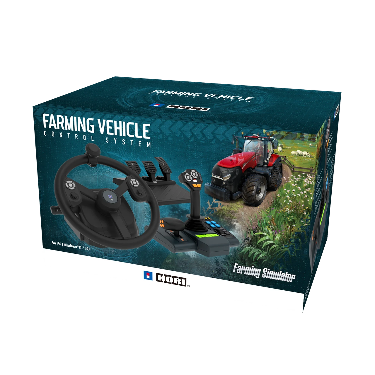 Official HORI Farming Vehicle Control System retail box showing the wheel control panel pedals and Farming Simulator artwork