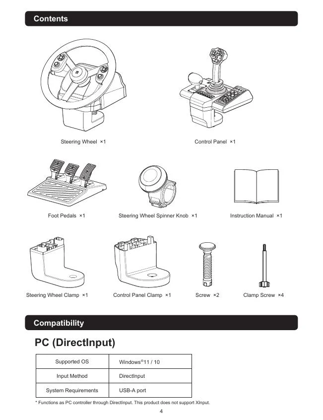 Official HORI manual box contents page for the farming wheel control panel pedals clamps spinner and screws