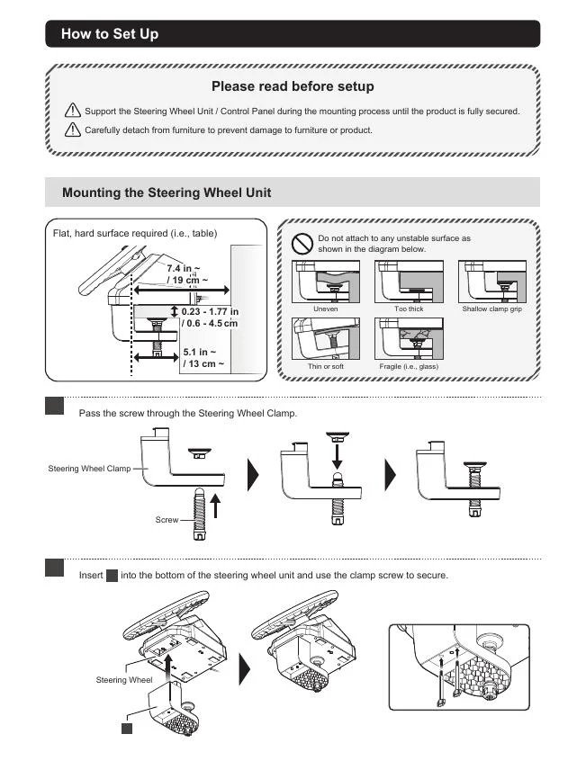 Official HORI farming wheel manual page with desk thickness depth and clamp safety dimensions