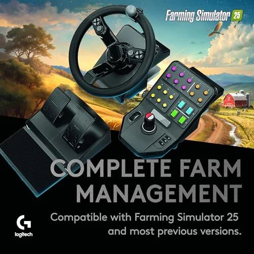 Amazon product media for the Logitech Heavy Equipment Bundle showing the wheel pedals side panel and Farming Simulator 25 compatibility