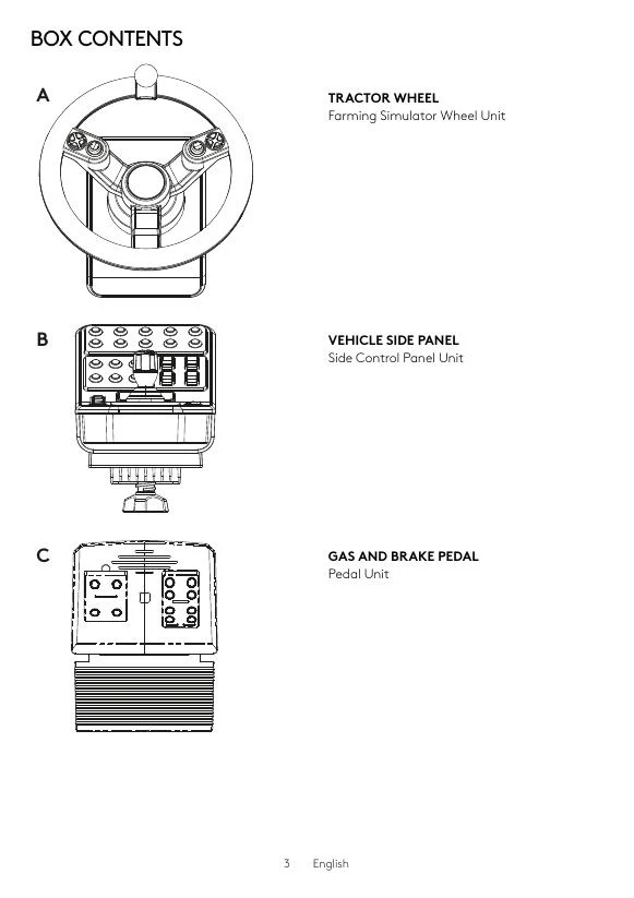 Official Logitech Heavy Equipment Bundle manual page showing tractor wheel side panel and two-pedal set