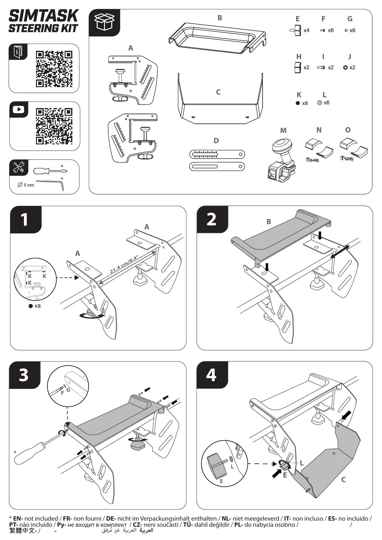 Official SimTask Steering Kit assembly manual showing the bracket hardware angle adjustment and spinner adapters
