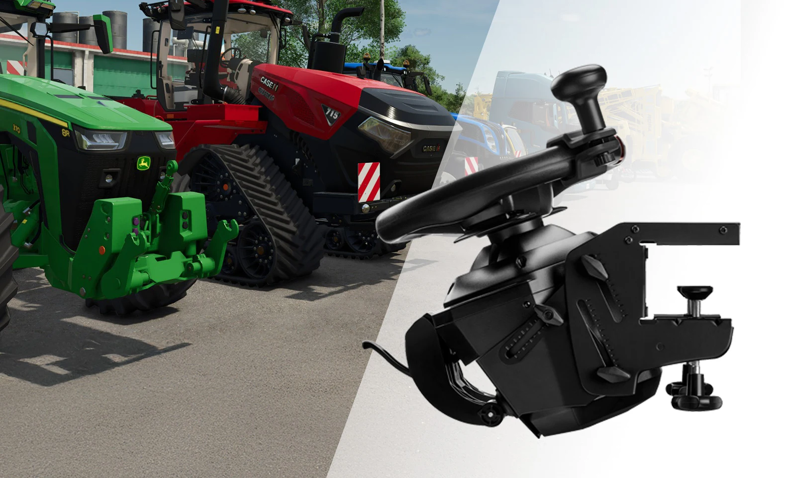 Official Thrustmaster SimTask Steering Kit shown at a flat agricultural wheel angle beside tractor gameplay