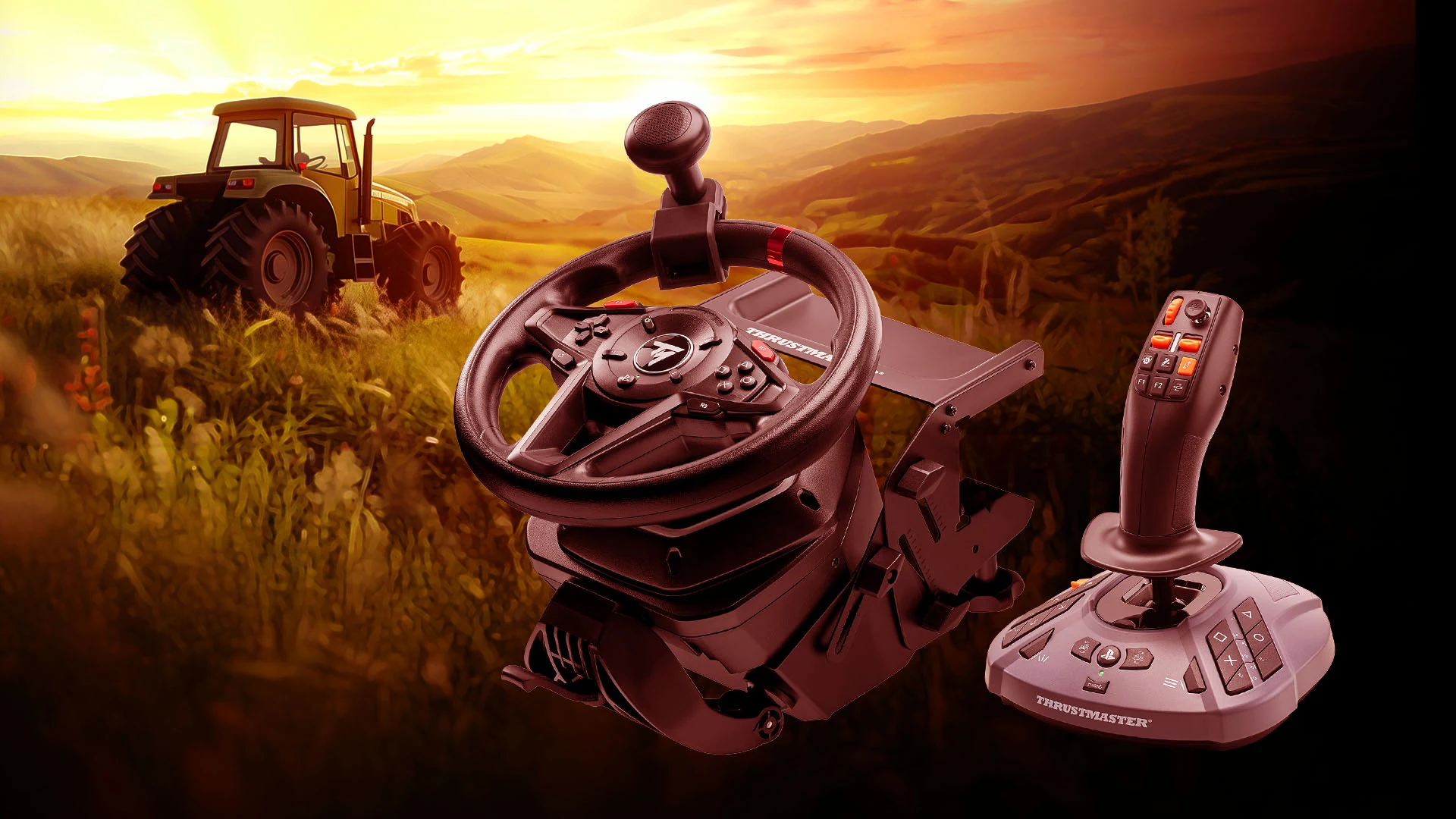 Official Thrustmaster T128 SimTask Farming Pack with wheel steering mount and FarmStick in a farm setting
