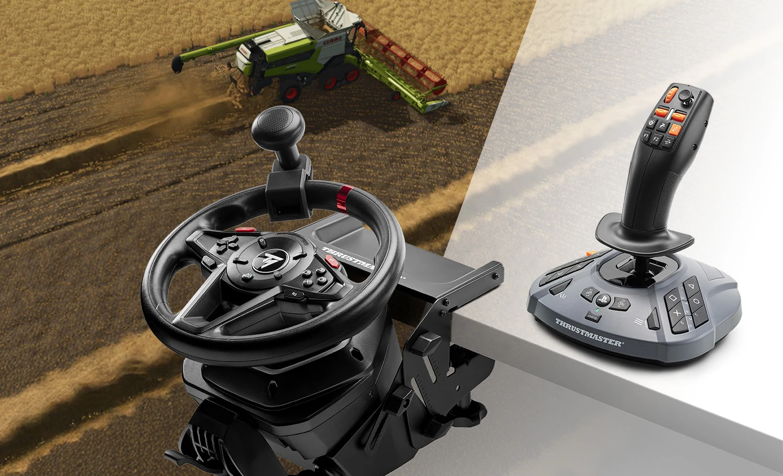 Official Thrustmaster T128 SimTask Farming Pack mounted on a desk with the wheel lowered and FarmStick raised