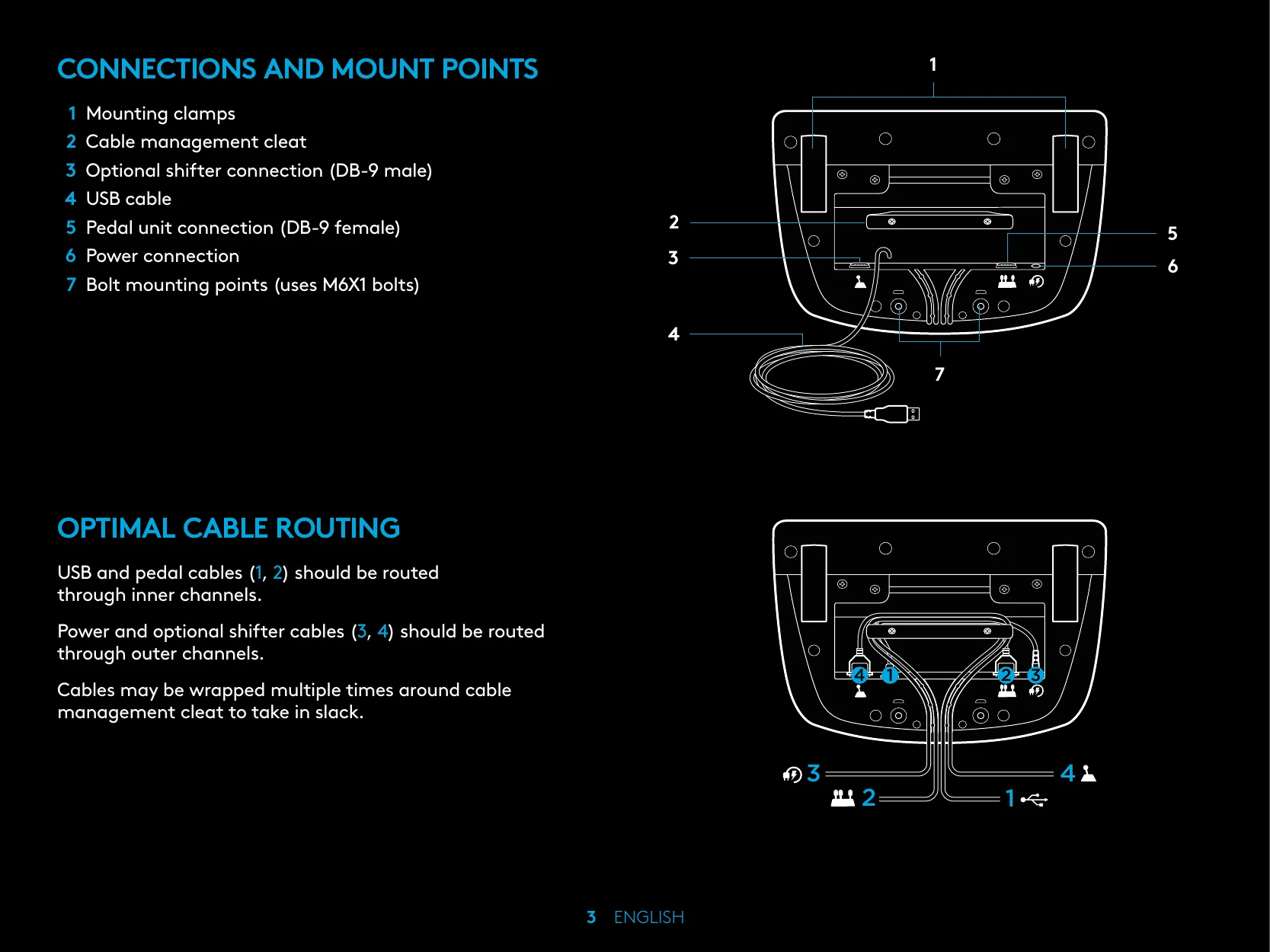 Official Logitech G923 manual page showing connections, M6 mounting points, cable channels, and calibration setup