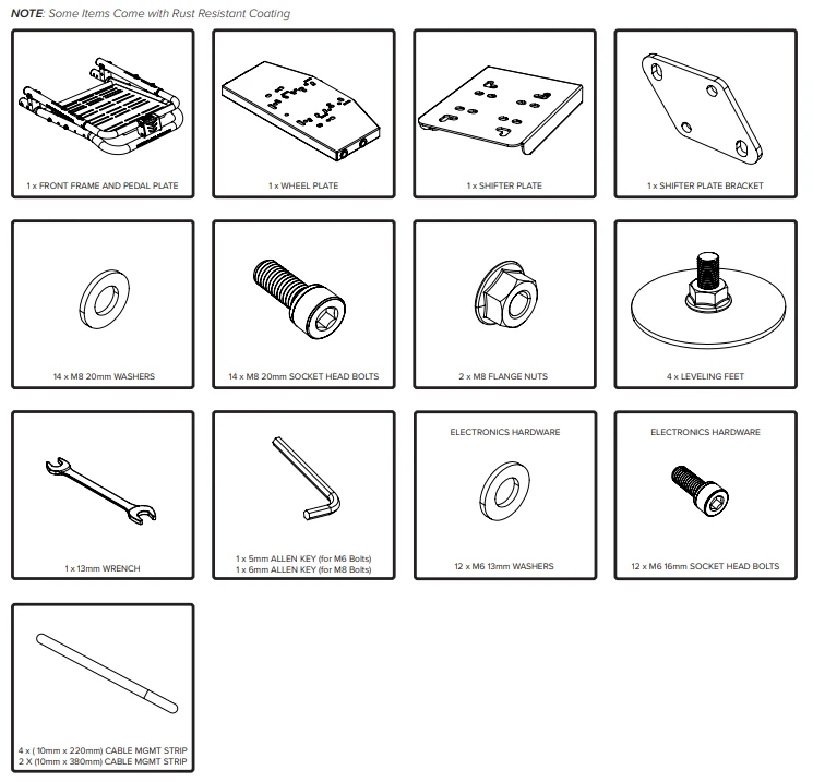 Official Next Level Racing Victory instruction image showing the front frame, wheel plate, shifter hardware, leveling feet, bolts, tools, and cable-management strips
