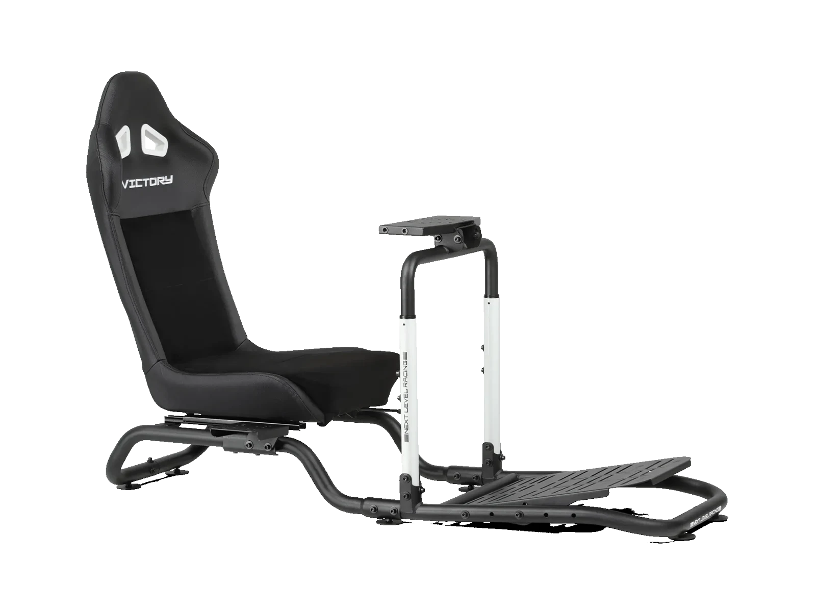 Official Next Level Racing Victory Simulator Cockpit product image showing the integrated seat, tubular frame, wheel plate, pedal deck, and shifter mount