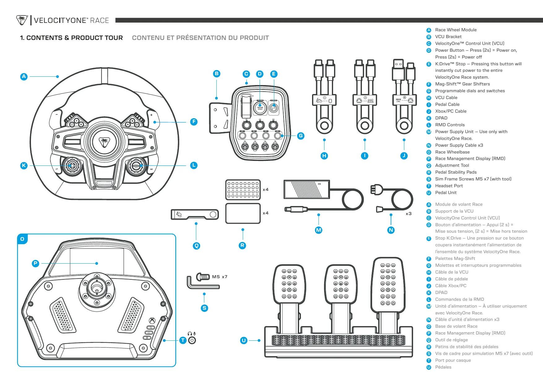 Official Turtle Beach VelocityOne Race quick guide showing the wheelbase, wheel, control unit, pedals, cables, tools, and included hardware