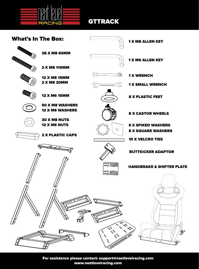 Official Next Level Racing GTTrack manual page showing labeled parts and box contents
