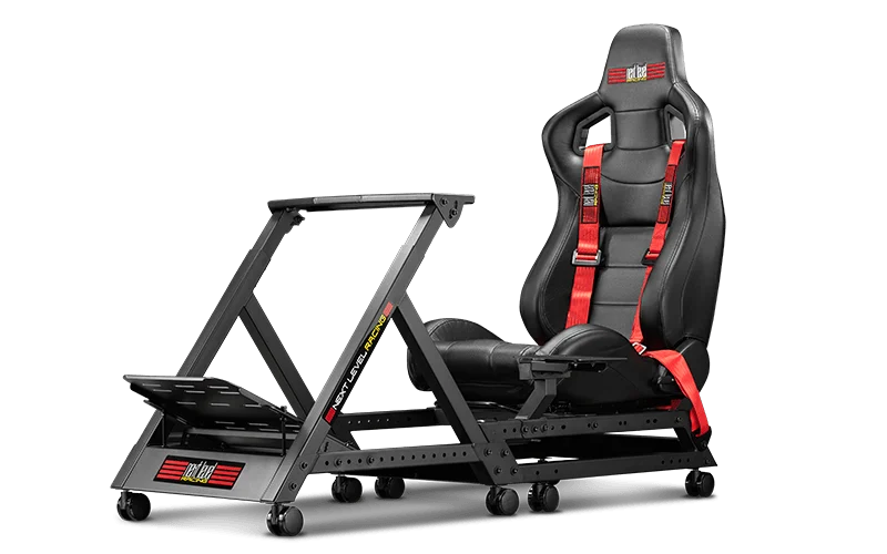 Official Next Level Racing GTTrack cockpit product photo with seat, wheel deck, pedal plate, and shifter mount