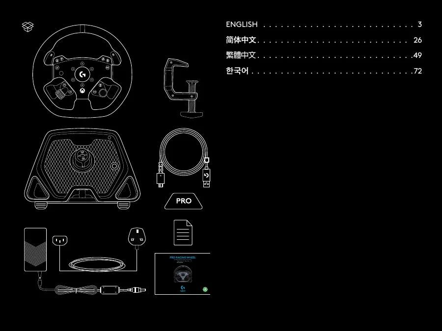 Official Logitech G PRO Racing Wheel quick-start page showing wheelbase, rim, desk clamp, power supply, USB cable, and included hardware