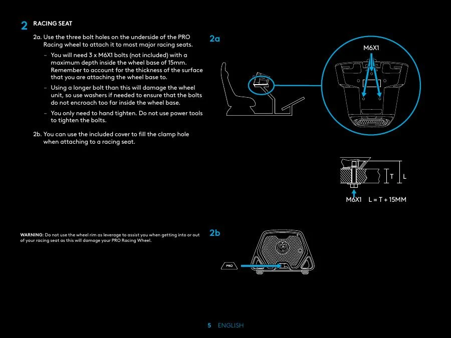 Official Logitech G PRO Racing Wheel quick-start page showing hard mounting to a simulator cockpit