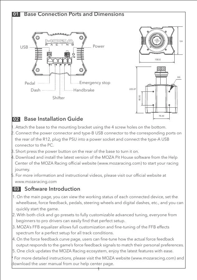 Official MOZA R12 manual page showing wheelbase ports and hard-mounting pattern