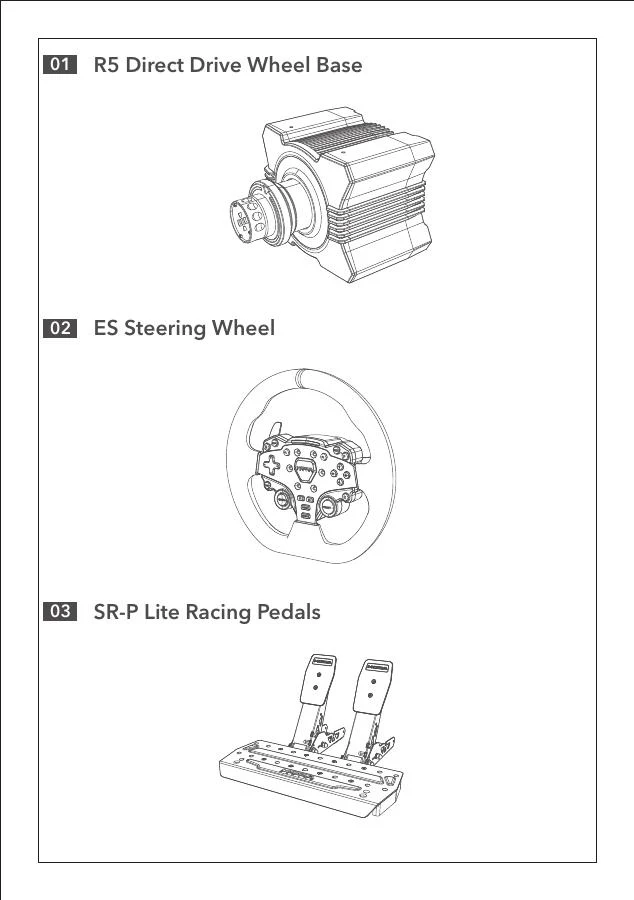 Official MOZA R5 manual page showing the wheelbase, steering wheel, pedals, desk clamp, power supply, and included hardware