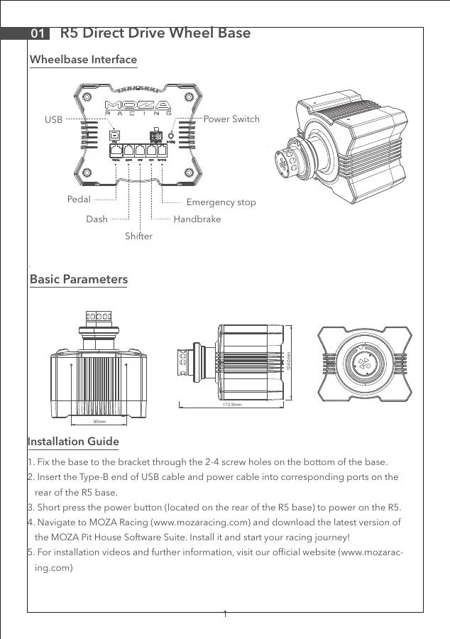 Official MOZA R5 manual page showing rear ports and desk-clamp mounting