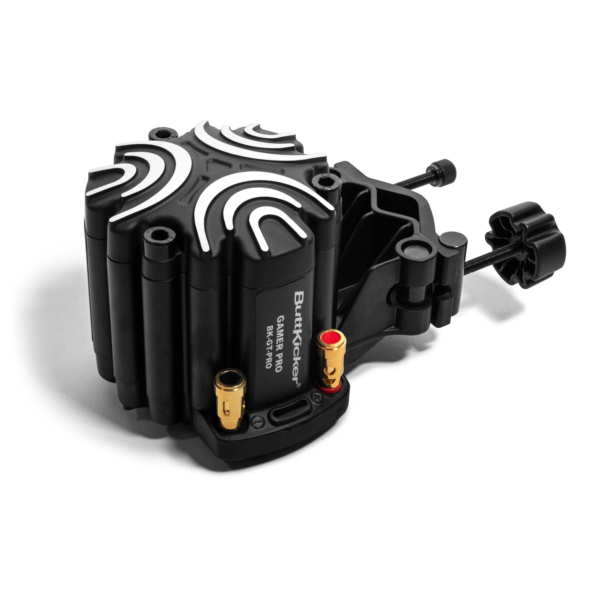 Official ButtKicker Gamer Pro tactile transducer clamp and connector detail