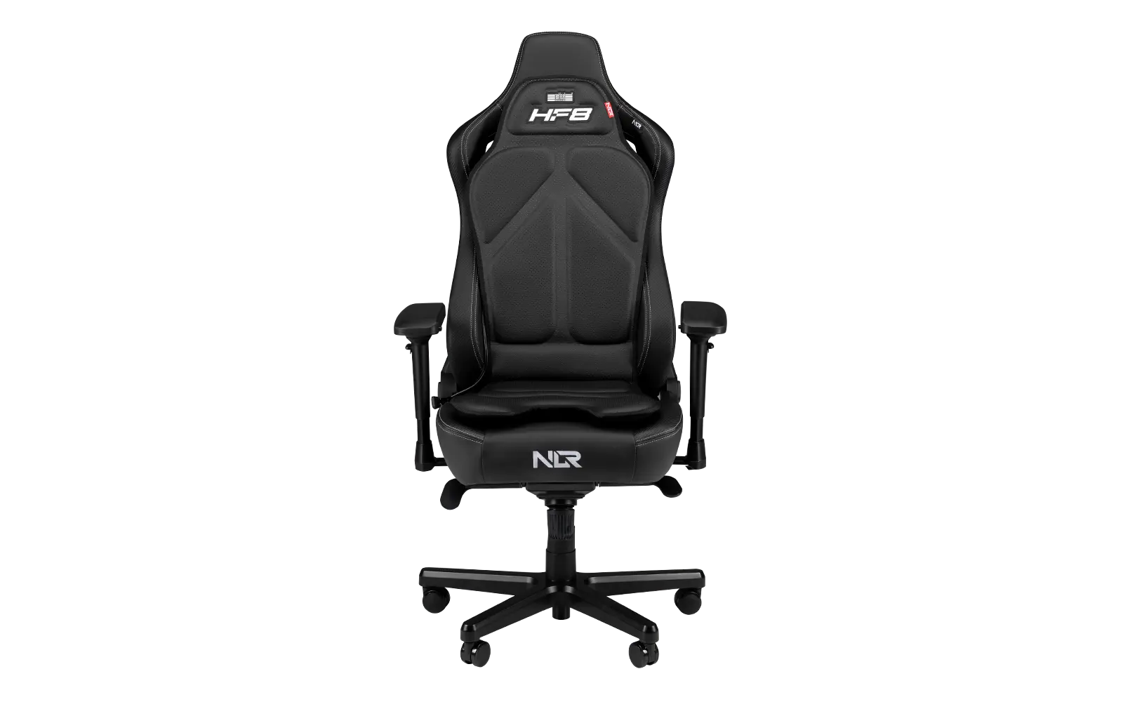 Official Next Level Racing HF8 haptic pad on a gaming chair with controller cable visible