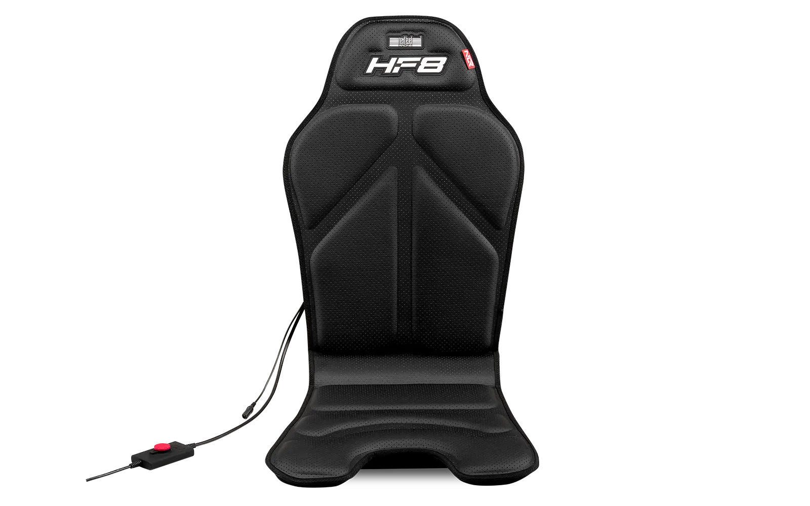 Official Next Level Racing HF8 haptic pad placed on a simulator bucket seat