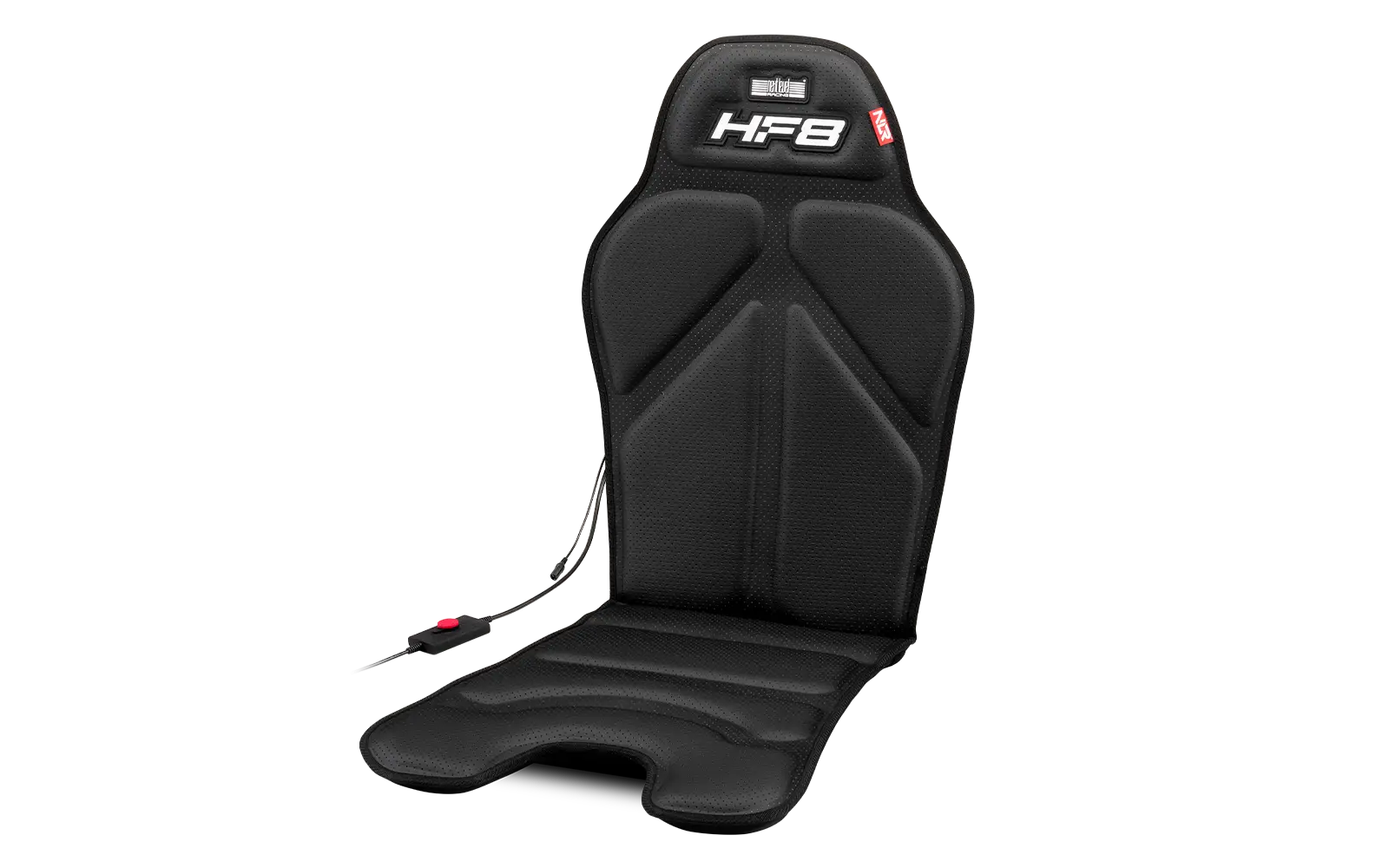 Official Next Level Racing HF8 haptic pad fitted to a racing simulator seat and cockpit