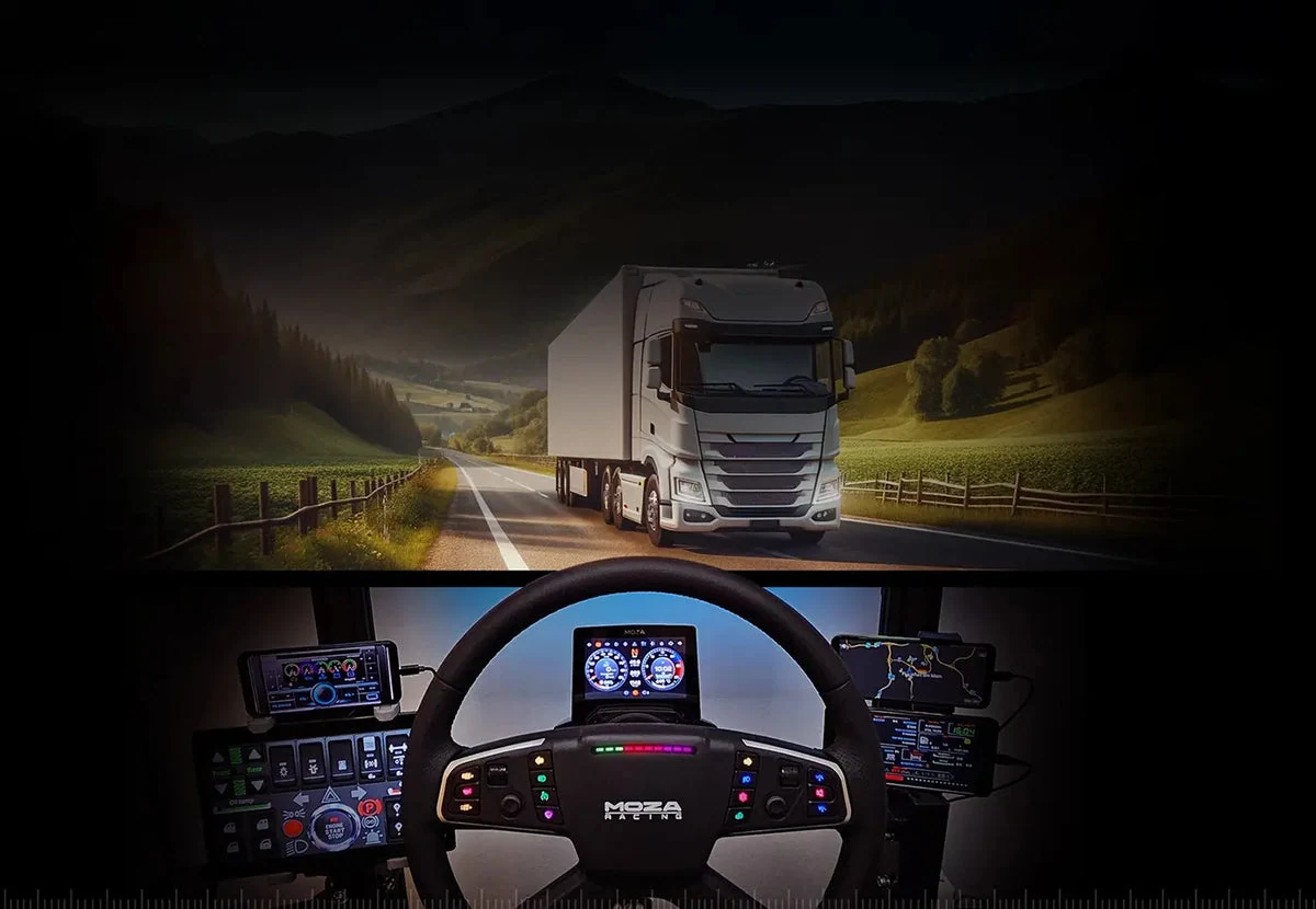Official MOZA TSW truck simulator rig installed and in use with dashboard displays and button controls