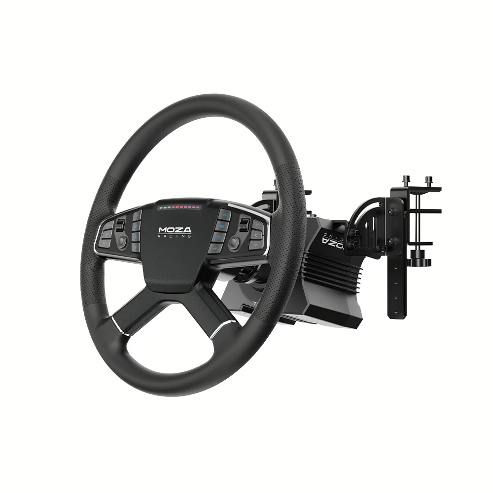 Official MOZA R5 Trucking Bundle product photo with TSW wheel direct drive base truck clamp and two pedals