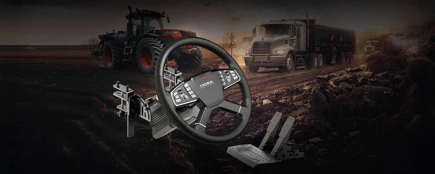 Official MOZA truck simulator lifestyle setup with TSW wheel and surrounding truck controls