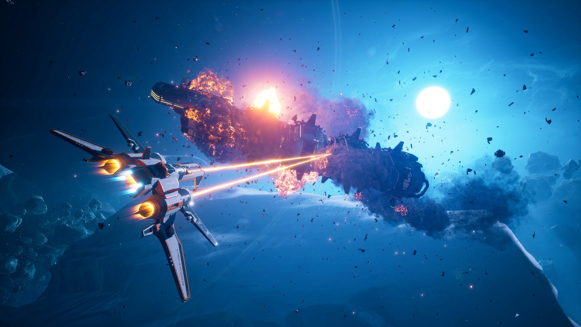 Official Everspace 2 gameplay showing fast spacecraft combat in a colorful asteroid field