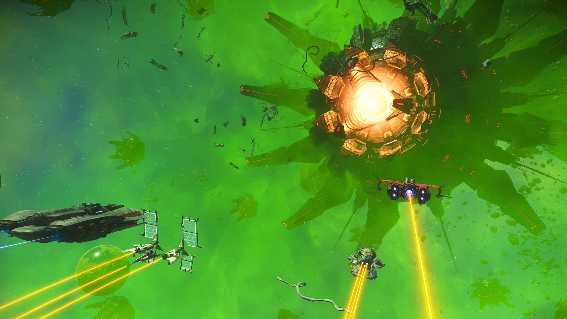 Official No Man's Sky gameplay showing a spacecraft flying across a bright alien landscape