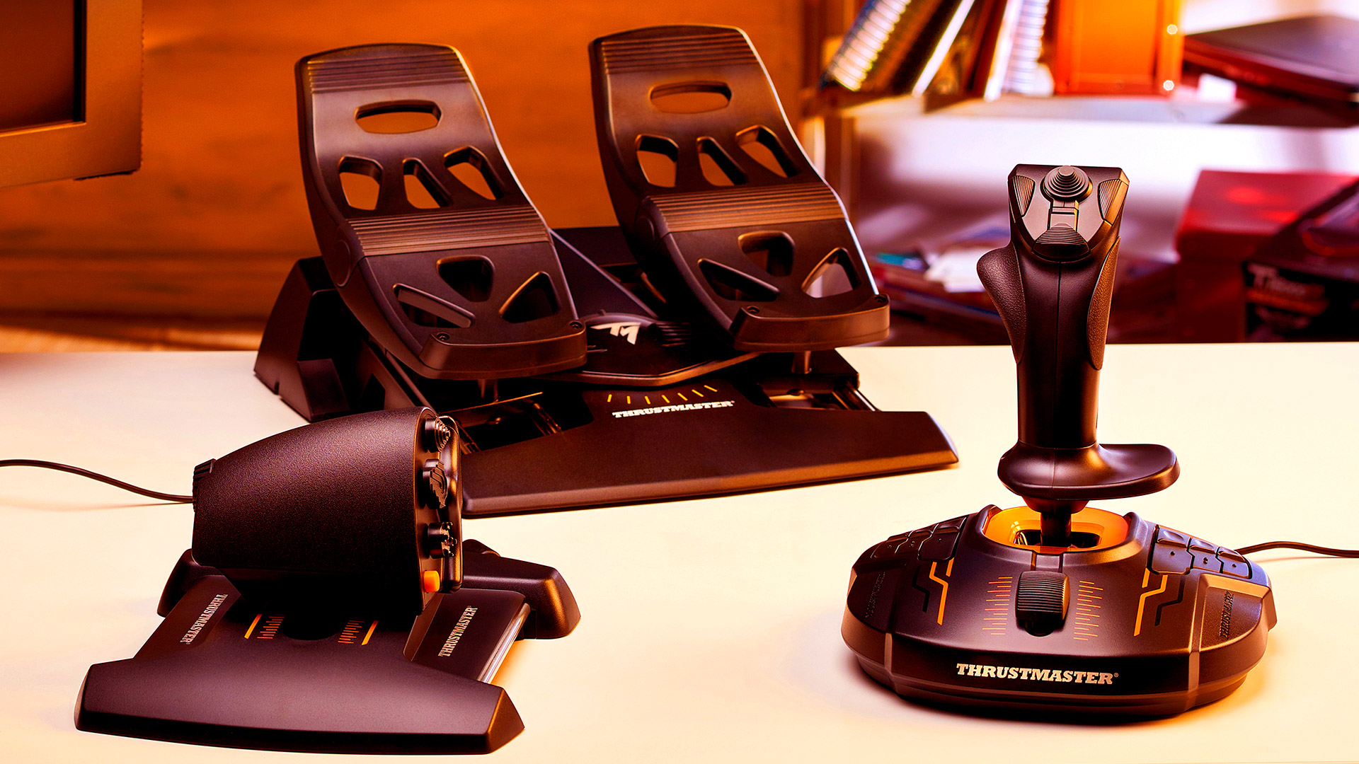 Official Thrustmaster T.16000M Flight Pack retail box and included stick throttle and pedals