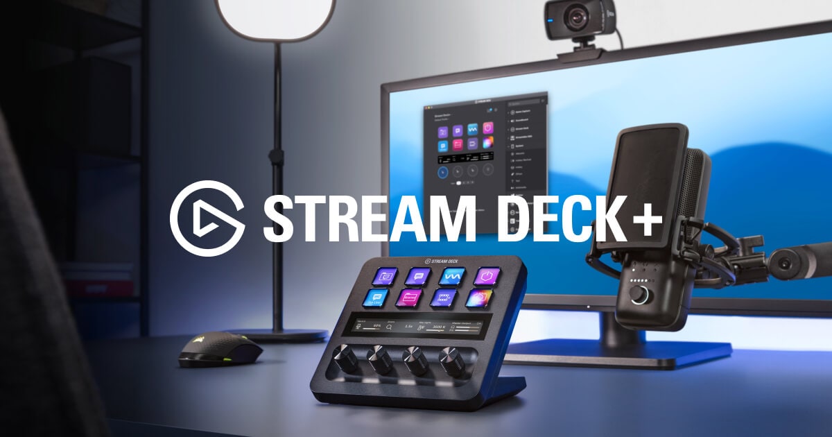 Official Elgato Stream Deck Plus product photo with keys, touch strip, and dials