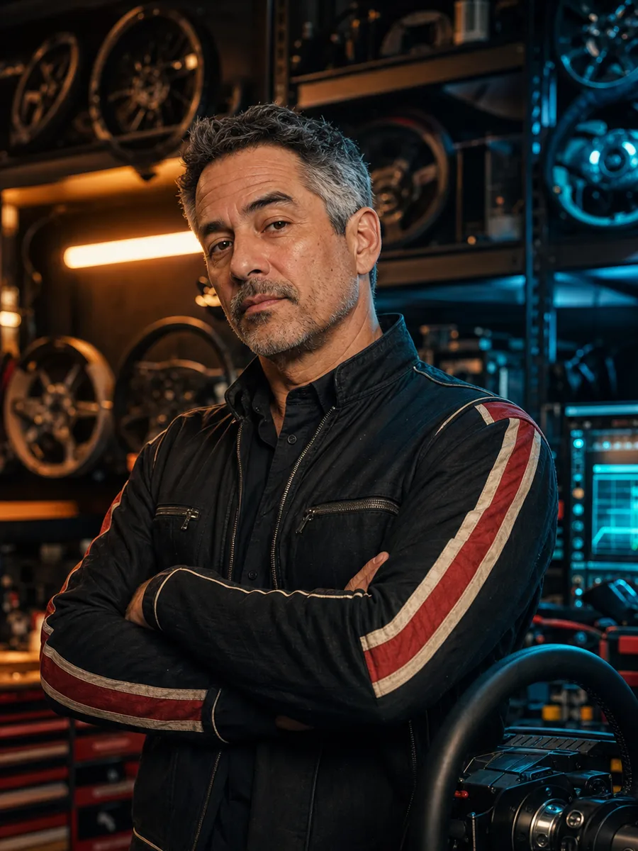 Duke Alvarez in a sim racing workshop with wheel rims and force-feedback hardware