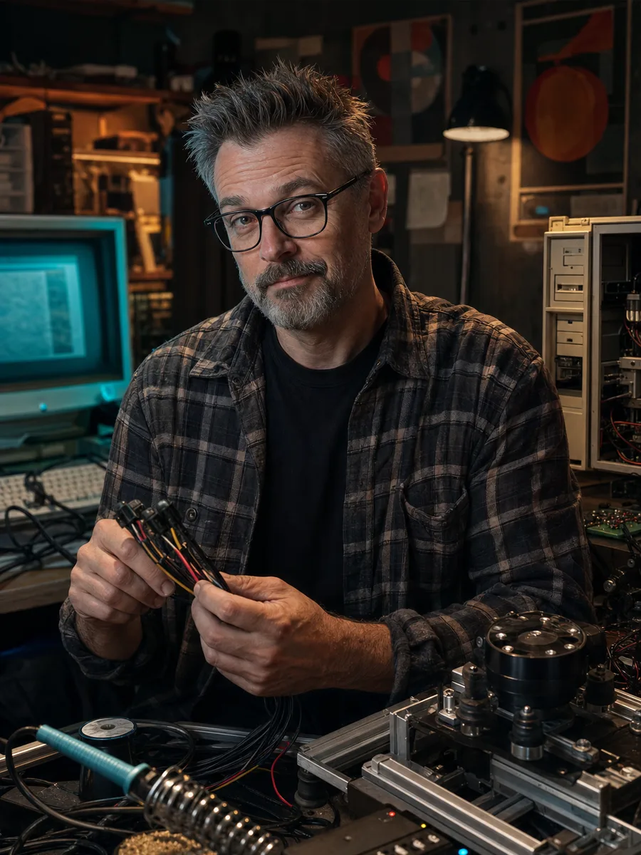 Mac Donovan at a DIY motion and tactile feedback electronics bench