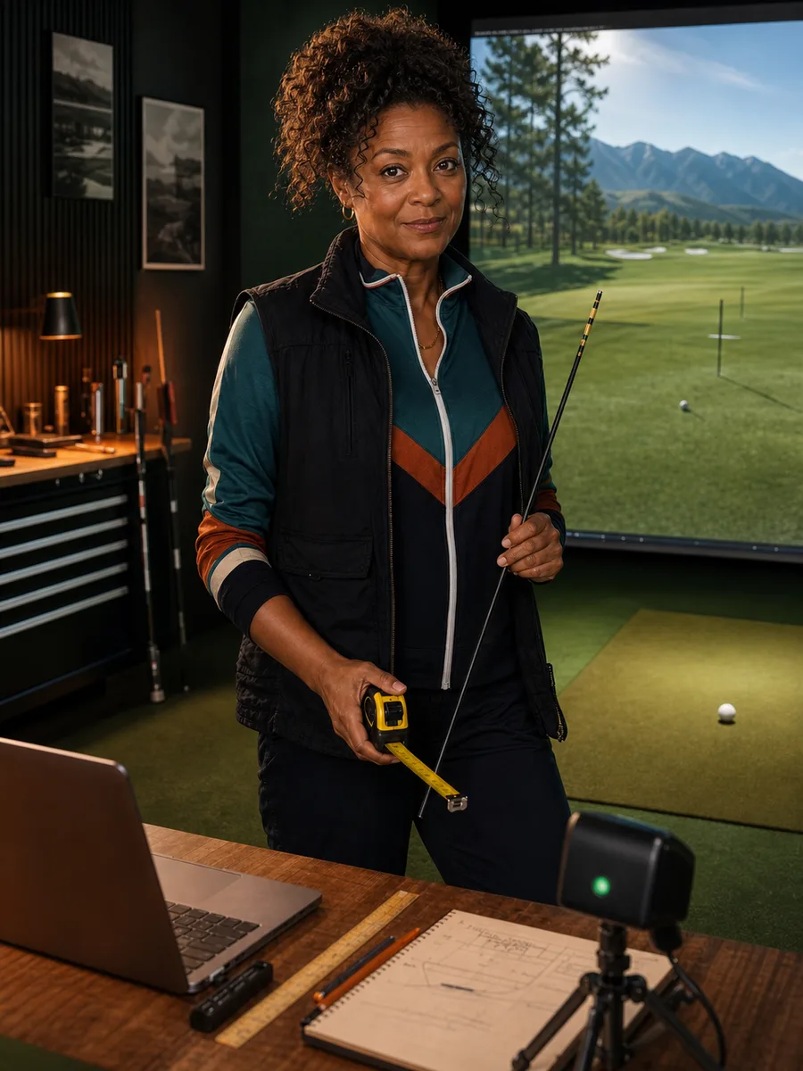 Nina Brooks in a golf simulator room with measuring tools and launch-monitor alignment gear