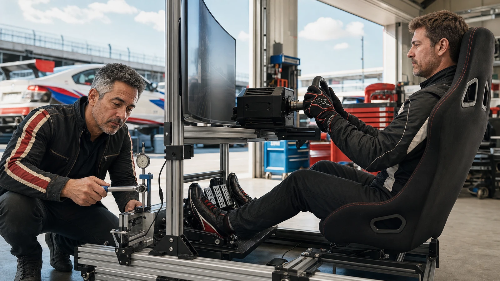 AI-assisted editorial scene of Duke Alvarez measuring wheel-deck flex while a driver applies heavy brake pressure in a bright sim racing workshop