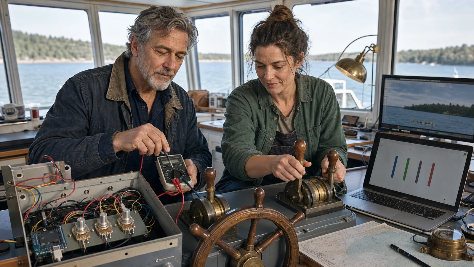 AI-assisted editorial scene of Gus Calder and a builder calibrating twin engine levers and a helm in a bright marine simulator bridge