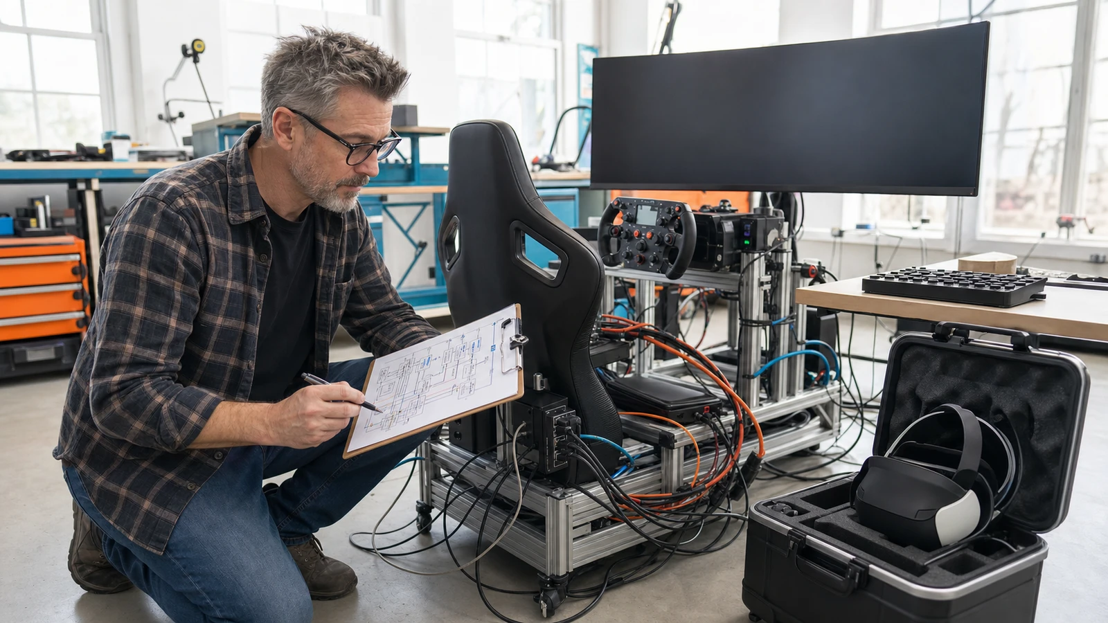 AI-assisted editorial scene of Mac Donovan labeling USB and power paths in a bright multi-simulator room with an ultrawide display and VR headset