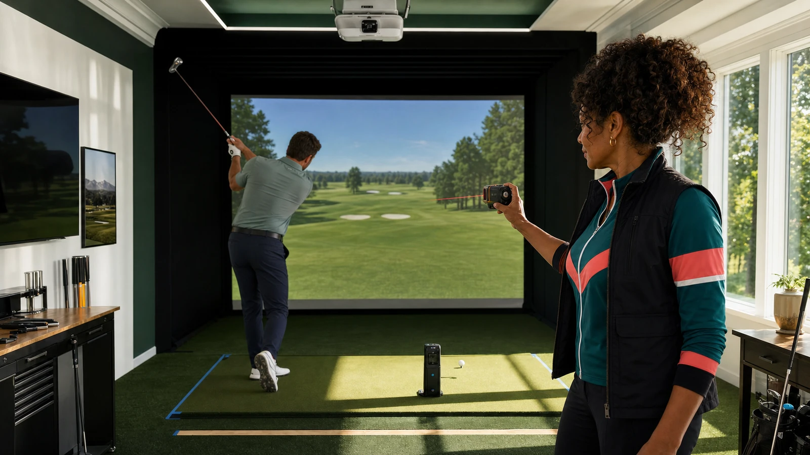 AI-assisted editorial scene of Nina Brooks laser-measuring a bright golf simulator room while a player checks swing clearance and a radar monitor sits behind the ball